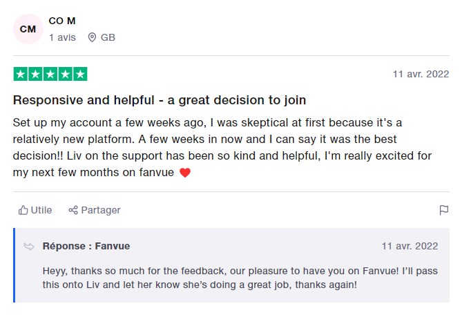 Fanvue review on Trustpilot